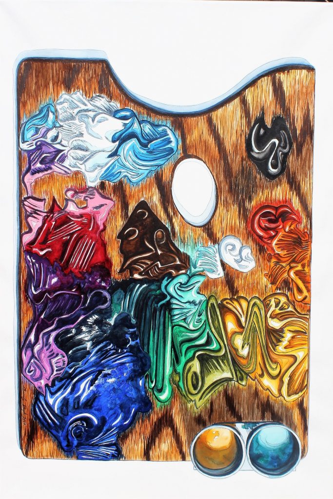 Brandy Stecyk, "Oil Paint Pallet," Watercolor painting, 56" x 38", 2017, Accession number: 2017.011.003