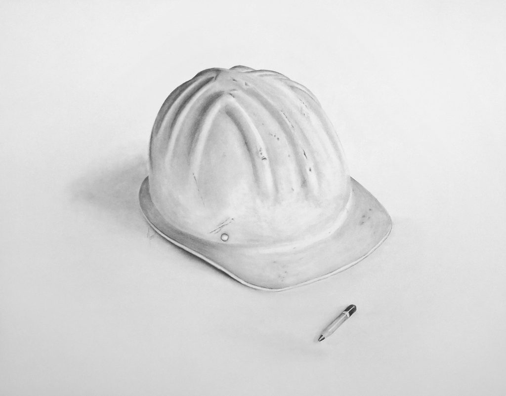Maurice Motut, “Hard Hat drawing,” Charcoal and pencil, 18" H. x 24" W″, 2014. Accession number: 2014.011.003
