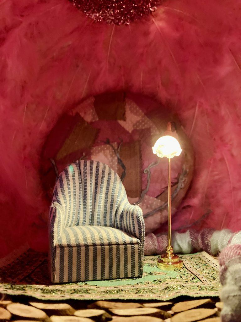 The Artist’s Womb – Paula Funk, 2024, Papier mâché, found wood, textiles, feathers, and miniatures [photo courtesy of artist]