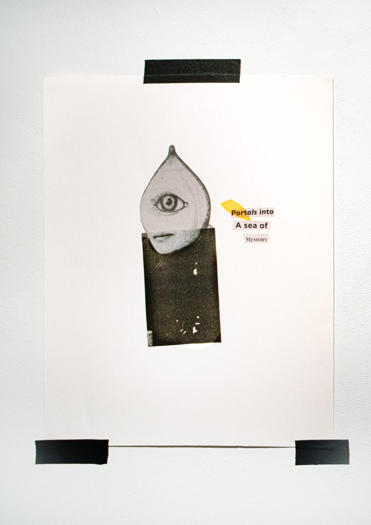 Portals into a Sea of Memory (Collage from newspaper article scraps related to exhibits)
