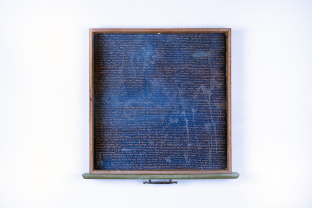 Melanie Jones, "Not Every Spark is a Destroyer", Found Drawer, Cyanotype, Text, 2024