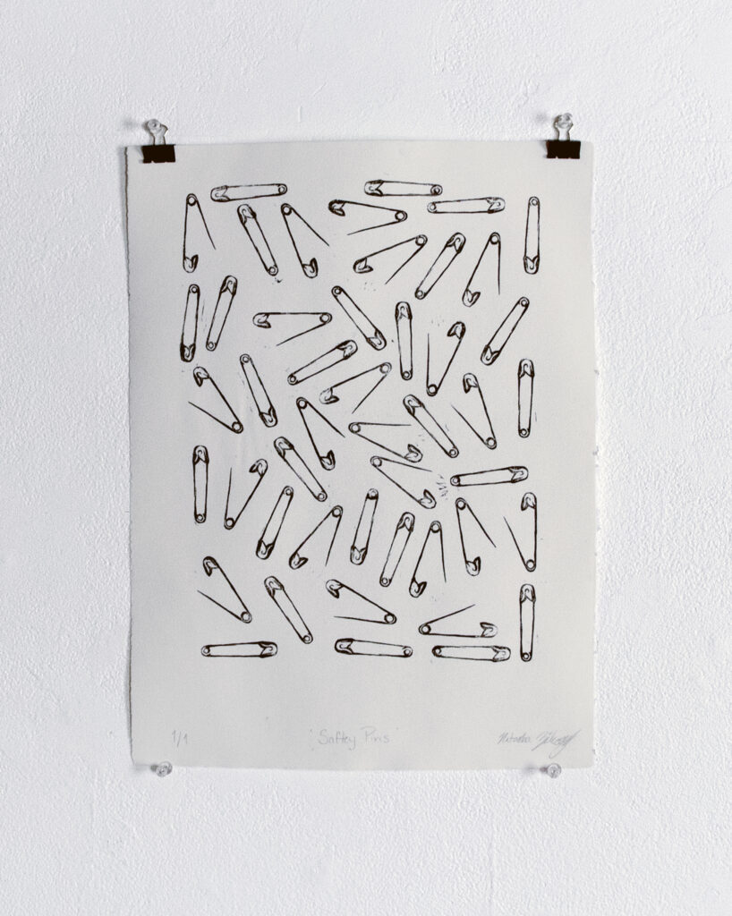 Natasha Zilcosky, Lace and Labour Safety Pins, Silkscreen.