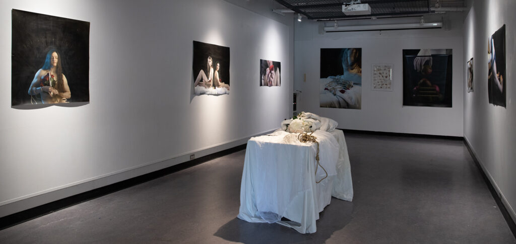 Blake Batke, It Surrounds You, Injet print on canvas with acrylic, audio, plaster, and biomaterials. 