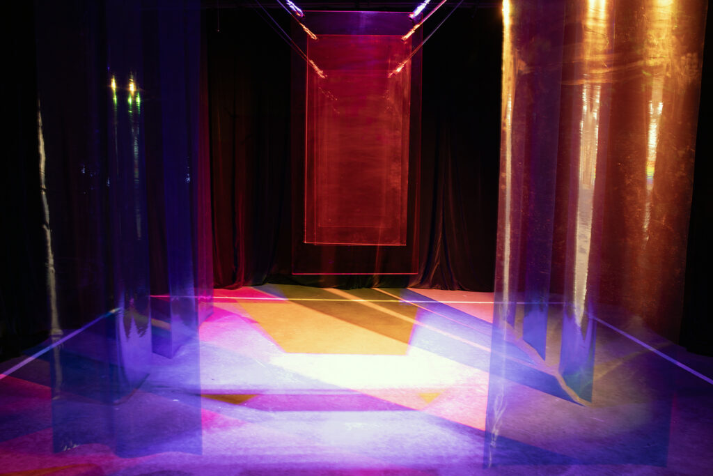 Aidan Short, Untitled, Coloured Transparent Plexiglass, Transparent PVC Vinyl 
 Dimensions: 2x4 ft Plexiglass Sheets (x4), 2x10 ft PVC Vinyl Sheets 