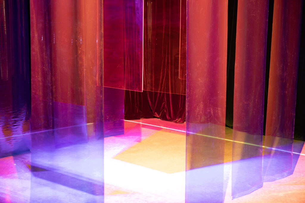 Aidan Short, Untitled, Coloured Transparent Plexiglass, Transparent PVC Vinyl 
 Dimensions: 2x4 ft Plexiglass Sheets (x4), 2x10 ft PVC Vinyl Sheets 