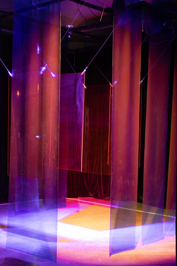 Aidan Short, Untitled, Coloured Transparent Plexiglass, Transparent PVC Vinyl 
 Dimensions: 2x4 ft Plexiglass Sheets (x4), 2x10 ft PVC Vinyl Sheets 