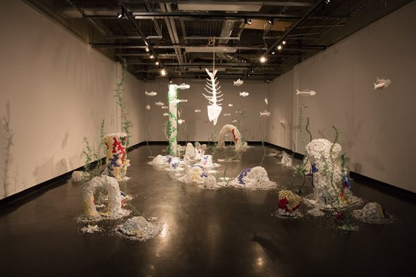 "Deep Sea Changes", 2018, Madeline Hildebrand 
Plastic (HDPE - buckets, PET - bottles, straws, lids of bottles, containers, bags, wrappers, coffee lids, various packaging), chicken wire, fishing line, fishing accessories, and rope