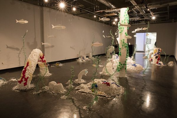 "Deep Sea Changes", 2018, Madeline Hildebrand 
Plastic (HDPE - buckets, PET - bottles, straws, lids of bottles, containers, bags, wrappers, coffee lids, various packaging), chicken wire, fishing line, fishing accessories, and rope