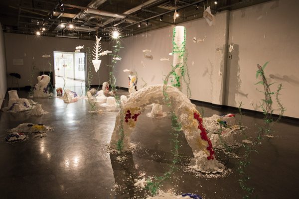 "Deep Sea Changes", 2018, Madeline Hildebrand 
Plastic (HDPE - buckets, PET - bottles, straws, lids of bottles, containers, bags, wrappers, coffee lids, various packaging), chicken wire, fishing line, fishing accessories, and rope