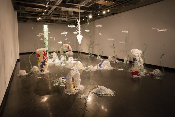 "Deep Sea Changes", 2018, Madeline Hildebrand 
Plastic (HDPE - buckets, PET - bottles, straws, lids of bottles, containers, bags, wrappers, coffee lids, various packaging), chicken wire, fishing line, fishing accessories, and rope