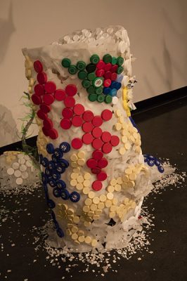 "Deep Sea Changes", 2018, Madeline Hildebrand
Plastic (HDPE - buckets, PET - bottles, straws, lids of bottles, containers, bags, wrappers, coffee lids, various packaging), chicken wire, fishing line, fishing accessories, and rope