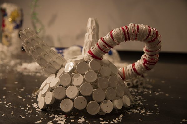 "Deep Sea Changes", 2018, Madeline Hildebrand 
Plastic (HDPE - buckets, PET - bottles, straws, lids of bottles, containers, bags, wrappers, coffee lids, various packaging), chicken wire, fishing line, fishing accessories, and rope