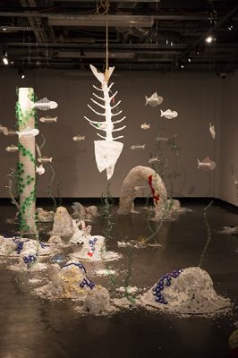 "Deep Sea Changes", 2018, Madeline Hildebrand 
Plastic (HDPE - buckets, PET - bottles, straws, lids of bottles, containers, bags, wrappers, coffee lids, various packaging), chicken wire, fishing line, fishing accessories, and rope