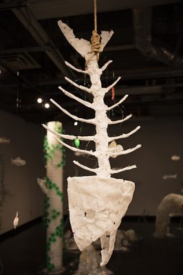 "Deep Sea Changes", 2018, Madeline Hildebrand
Plastic (HDPE - buckets, PET - bottles, straws, lids of bottles, containers, bags, wrappers, coffee lids, various packaging), chicken wire, fishing line, fishing accessories, and rope