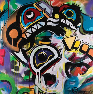Chantelle Trainor-Matties, “City Otter”, Acrylic and Spray Paint on Canvas, 30"x30" 2019