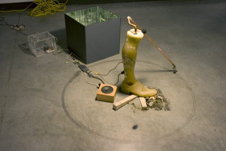 Scott Shell, "Almost Knowing," Wax, electronic motors, debris, wood beads, lamp, and copper piping, 2010, Accession number: 2010.003.001