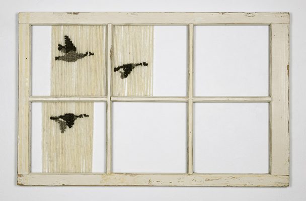 Willow A. Mussell, Untitled, Coast Salish weaving on window frame, 47” x 30”, 2019