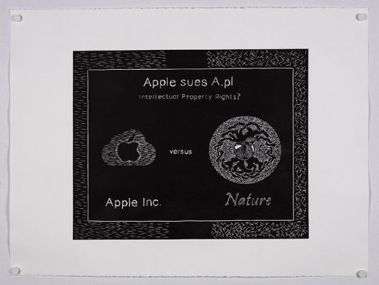 "Apple sues A.", 2012, Mario de Santis, Lino Cut Print on Stonehenge paper