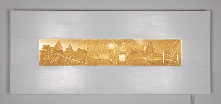 Jeffrey Rassmussen, "Blue-Penciled Landscapes", Light box in wood and LED lights, 51”W x 21”H X 5” , 2019