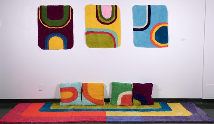 Lisa Doell, “Before We Were Separate”, synthetic wool, rug glue, gloth, 3 wall pieces, 27” x 36”, 4 pillows, 1 large rug.