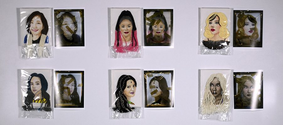 Amy Peng, “Beauty Packages”, acrylic on canvas, digital photos, 6 canvases and 6 photos, 8 x 10” each.