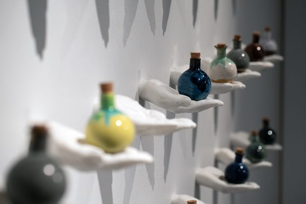 Aiyana Barnett & Sien Tolmie, "Degustation of the Mind's Eye", Tape, Cernamics, Plastic, Found Objects, PLA, Filament, Organic Materials, 2026