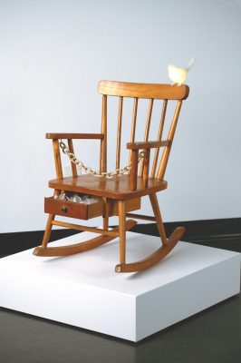 Melanie Jones, "Weightless", Chair, Ceramics, Feathers, Wax, Lights, 2026.