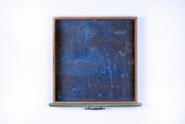Melanie Jones, "Not Every Spark is a Destroyer", Found Drawer, Cyanotype, Text, 2024
