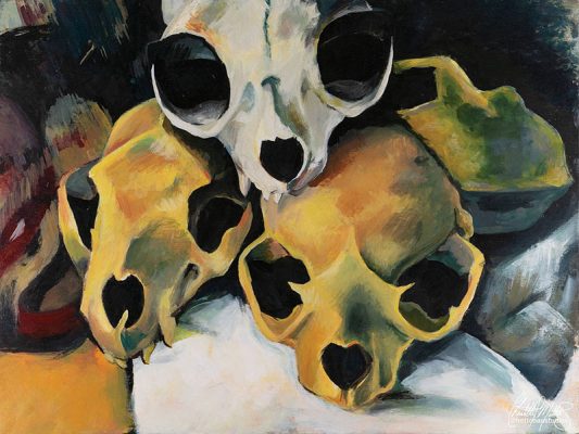 Chantelle Trainor-Matties, “Pyramid of Animal Skulls”, Acrylic on Panel, 24" x 18", 2019