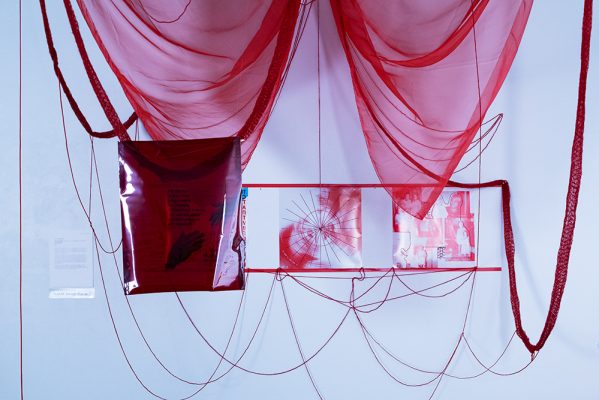 Yamel Oliván Gutiérrez,
Connected by Red,
Photography, digital editing, cyan and red inks with film gel, embroidery on mixed-media prints,
Triptych, 16”×16”,
2025