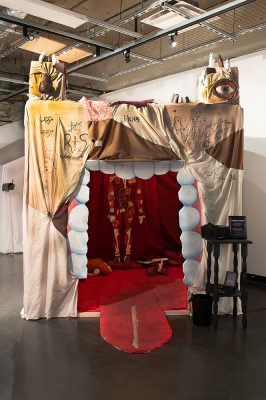 Kay Ber, Zoe Crowley, Jainee De Jong, Gray Engler,
My Body is a Castle,
2025,
Wood, acrylic paint, foam, textile, collage, photography, sculpture,
6.7’ x 6.7’ x 7’