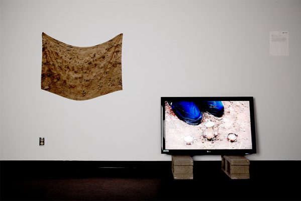 Luke Pardy, Polish, Performance video, photograph on silk, cinderblocks, 2023